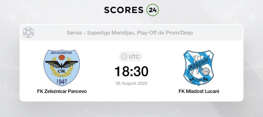 FK Zeleznicar Pancevo vs FK Mladost Lucani 5/08/2023 18:30 Futebol eventos  e resultados